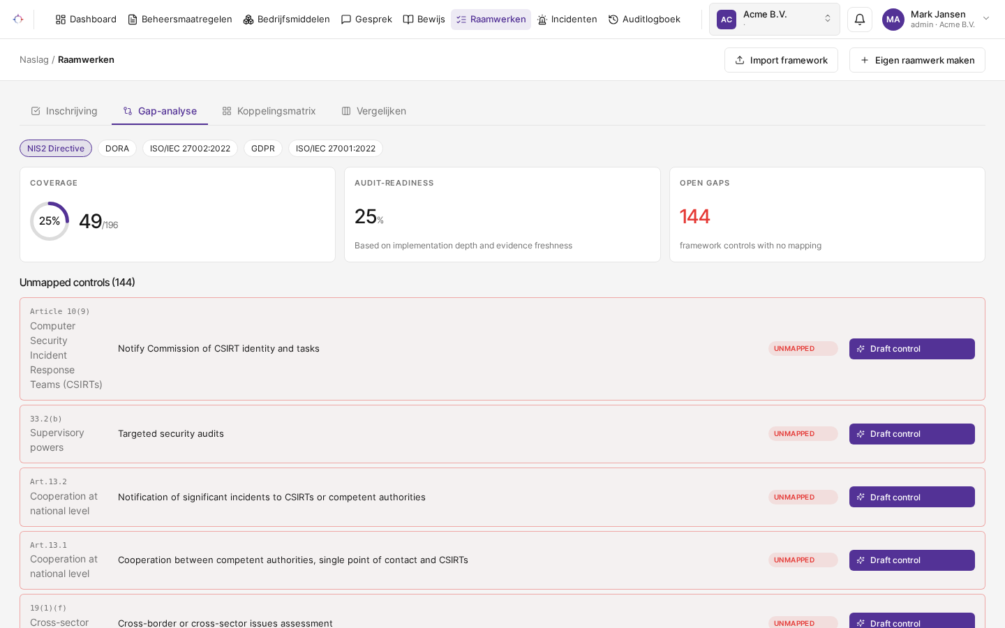 Framework gap-analyse met open gaps