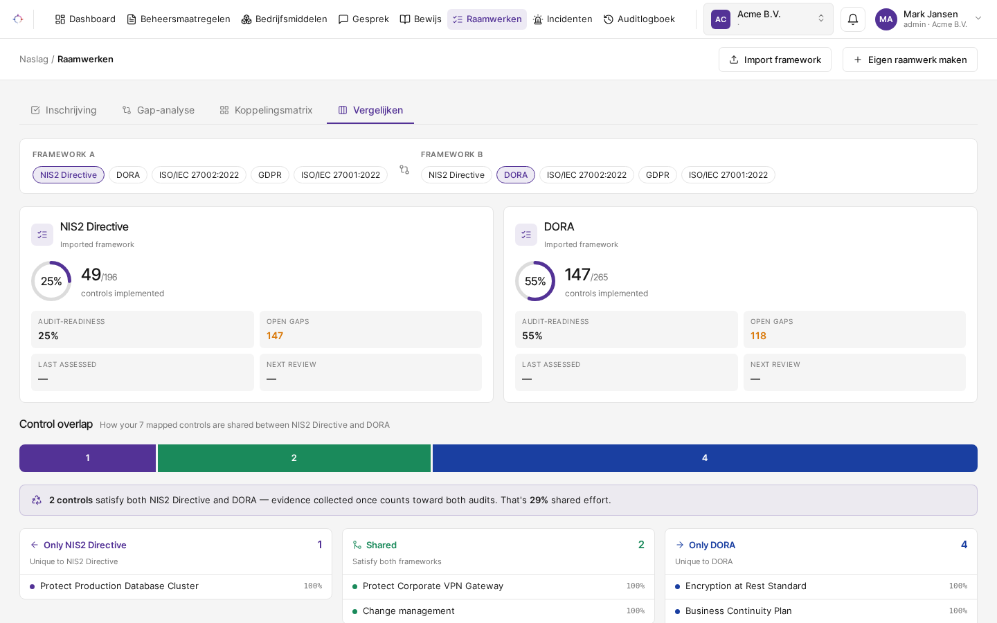 Twee frameworks naast elkaar met control-overlap